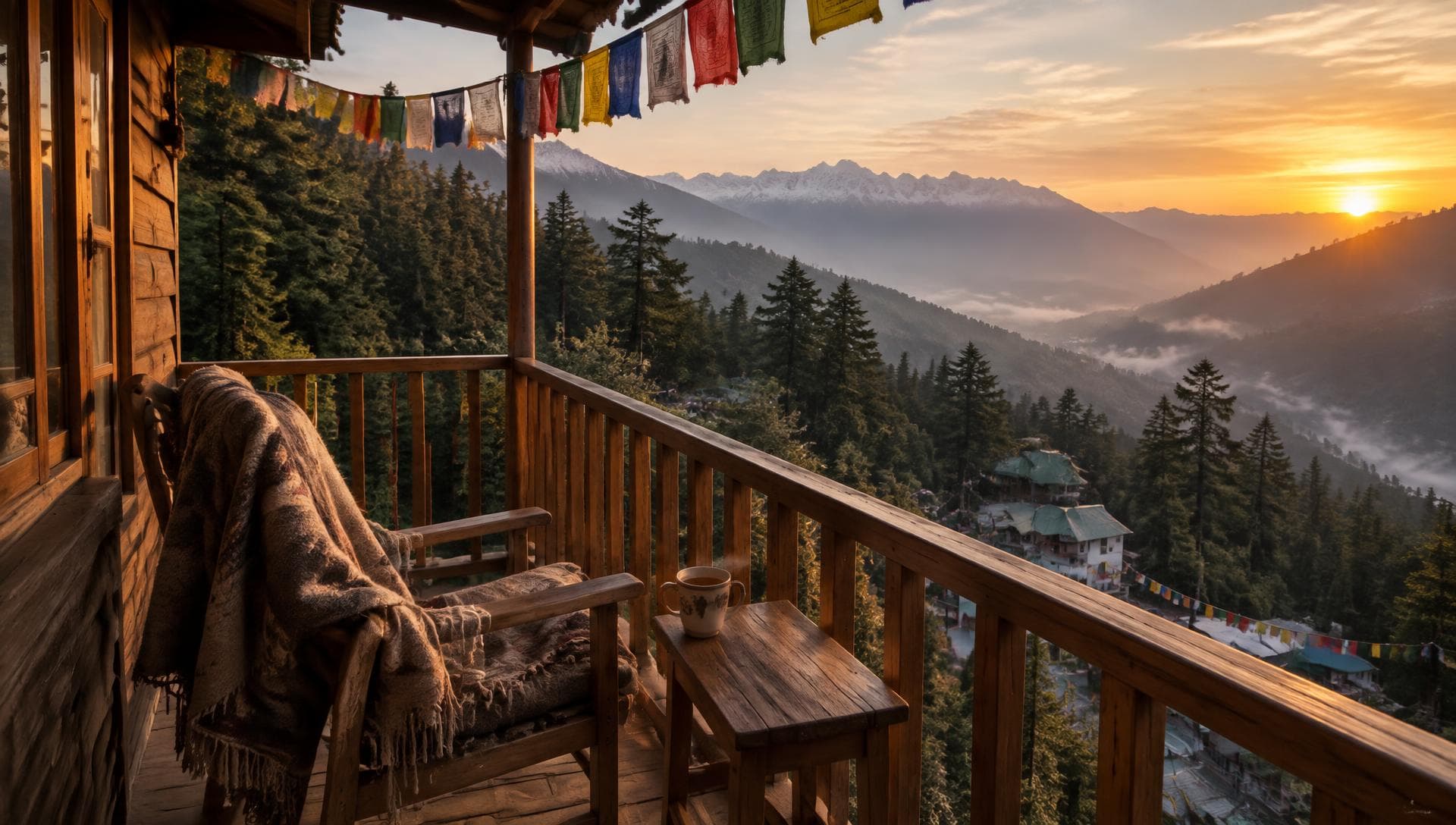 Sunlit mountain balcony overlooking pine forests in Dharamshala